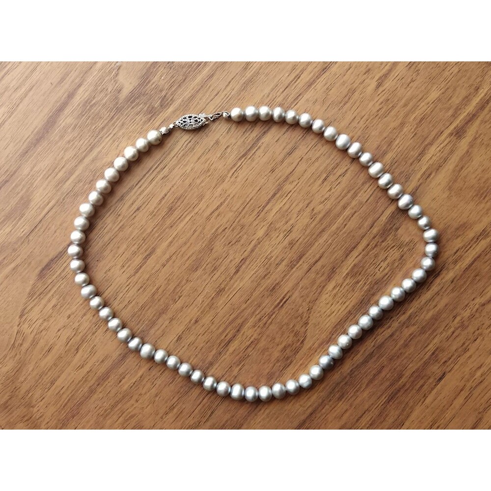 Vintage Grey Faux Pearl Sterling Silver Clasp ~15" Necklace Choker